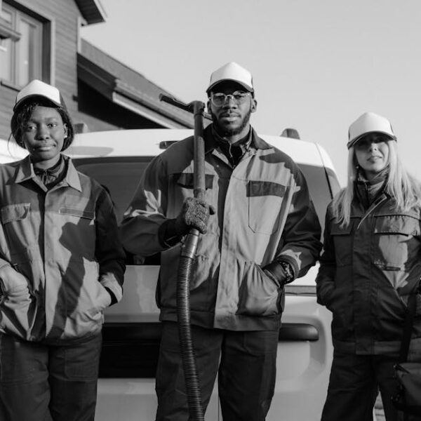 Three professional cleaners in uniform pose with equipment in front of a building