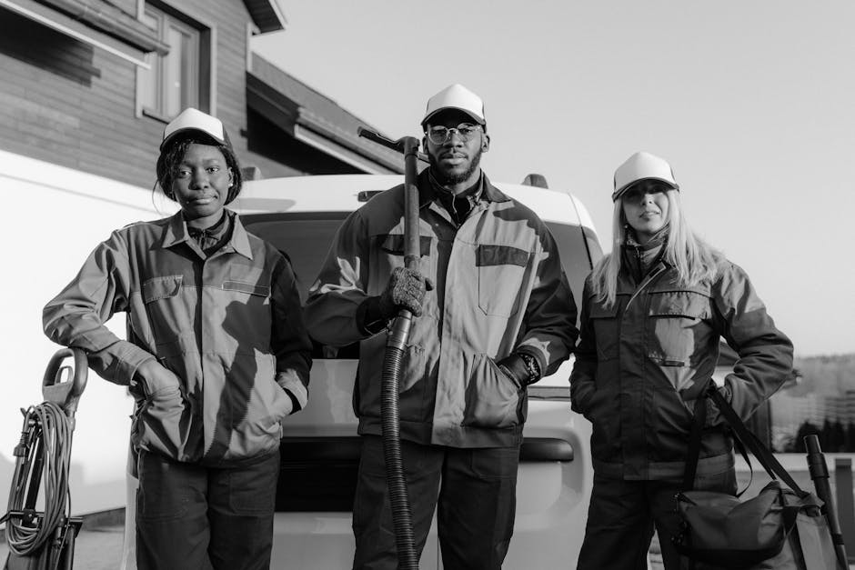 Three professional cleaners in uniform pose with equipment in front of a building