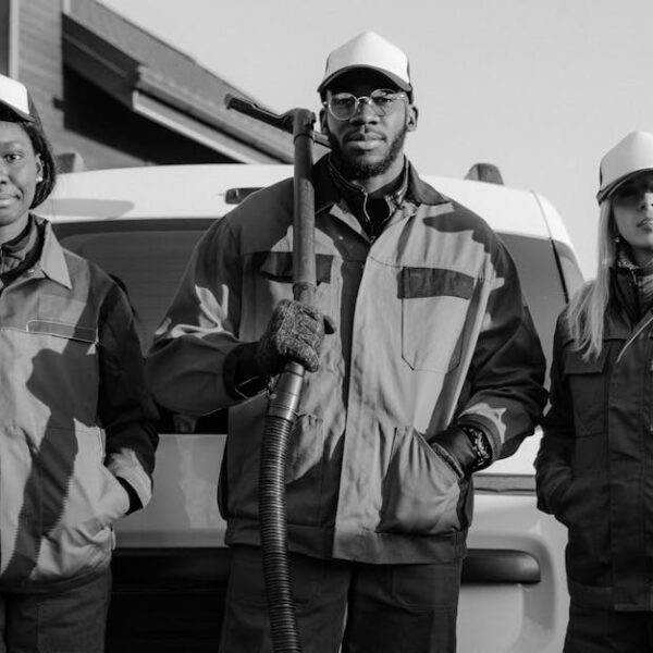 Three professional cleaners in uniform pose with equipment in front of a building